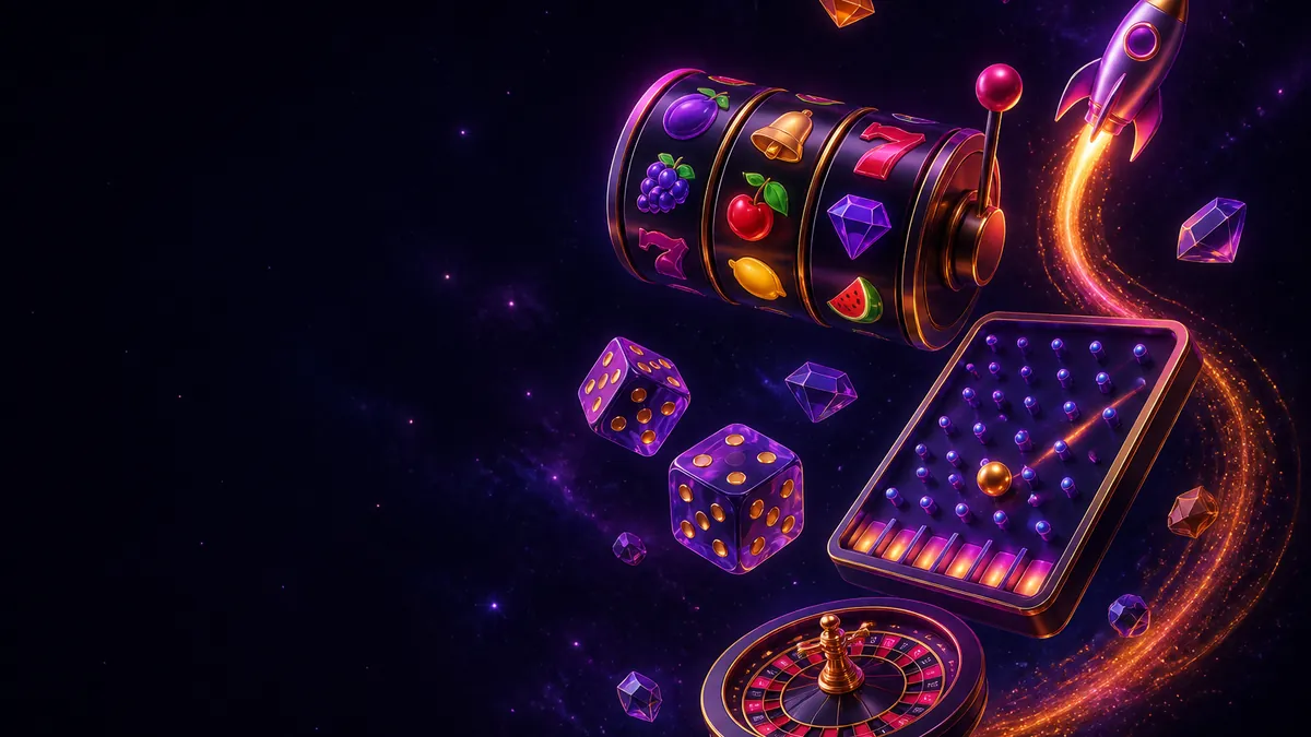 Rouleaux de machine à sous, fusée de jeu crash et plateau de Plinko flottant dans une nuit violette