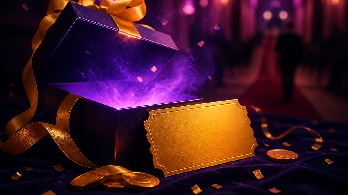 Coffret cadeau ouvert d'où s'échappe une lumière violette, ticket doré vierge et pièces d'or