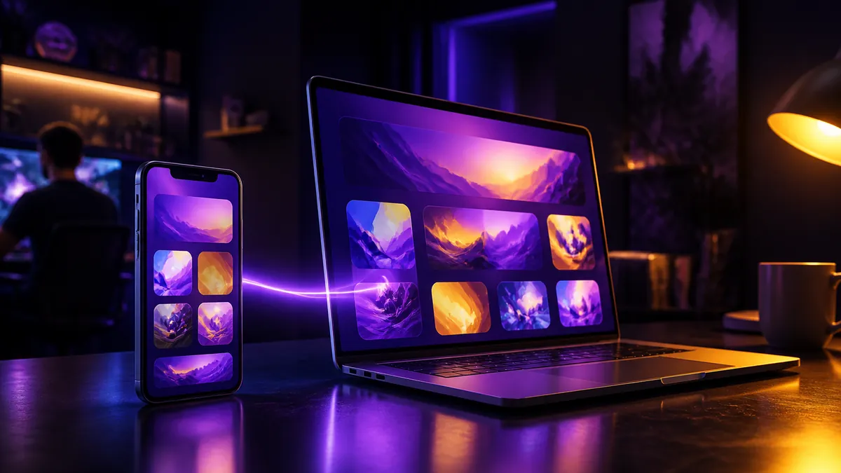 Smartphone et ordinateur portable reliés par un faisceau violet, écrans de jeux colorés