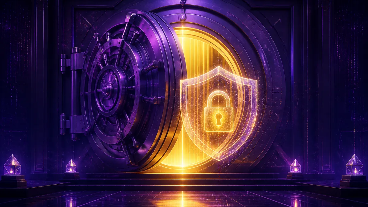 Porte de coffre-fort violette entrouverte, bouclier et cadenas dorés lumineux