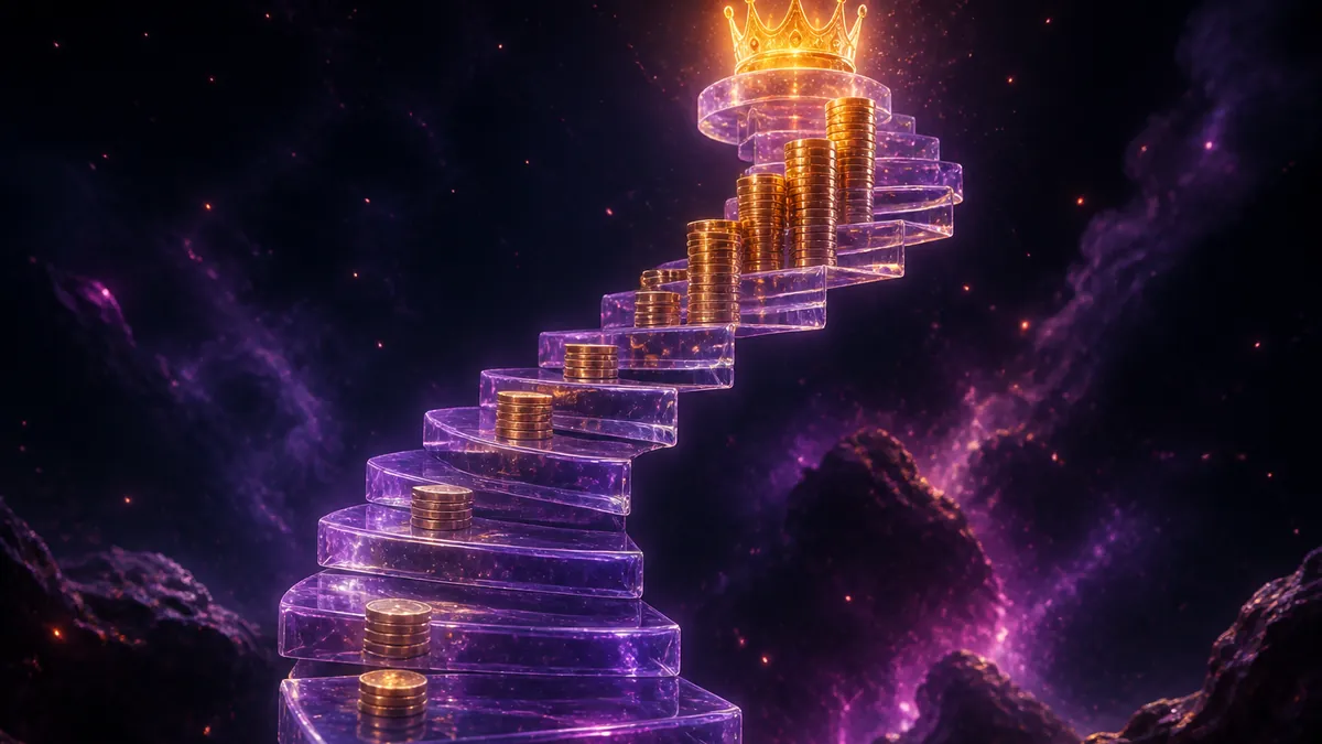 Escalier de verre violet qui monte vers une couronne dorée, piles de pièces sur chaque marche