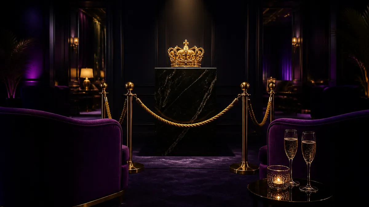 Salon privé aux fauteuils de velours violet, cordon doré et couronne sur un piédestal de marbre