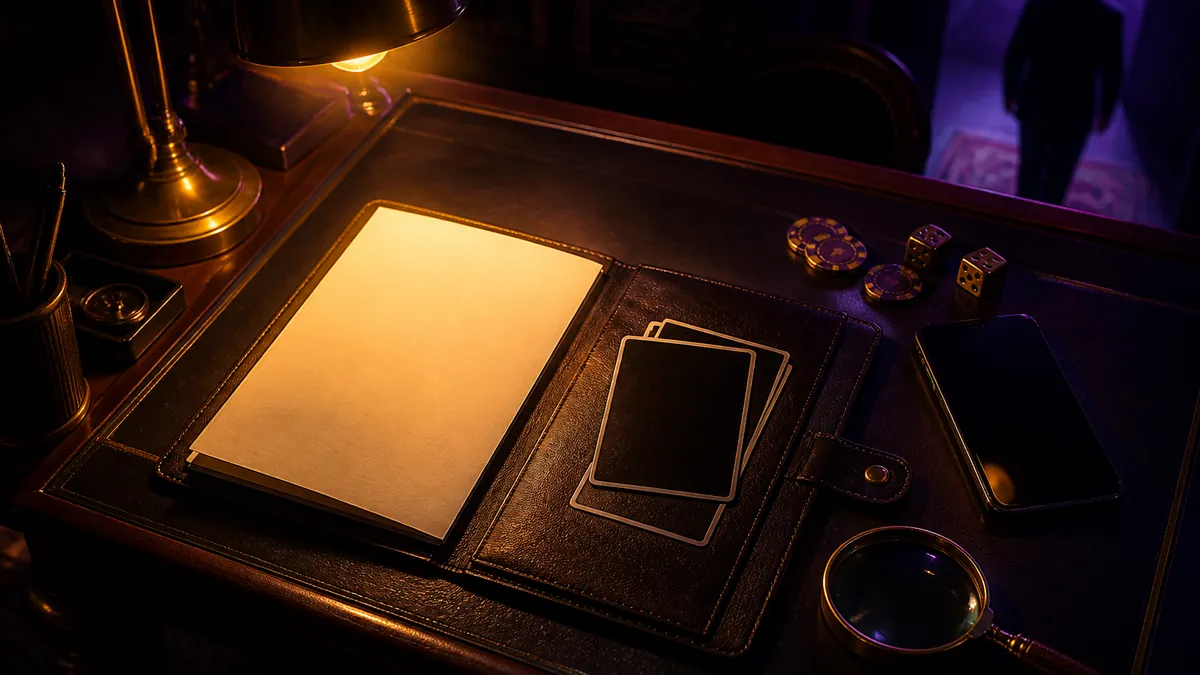 Bureau d'enquête avec dossier en cuir, loupe, jetons de casino et dés sous une lampe dorée