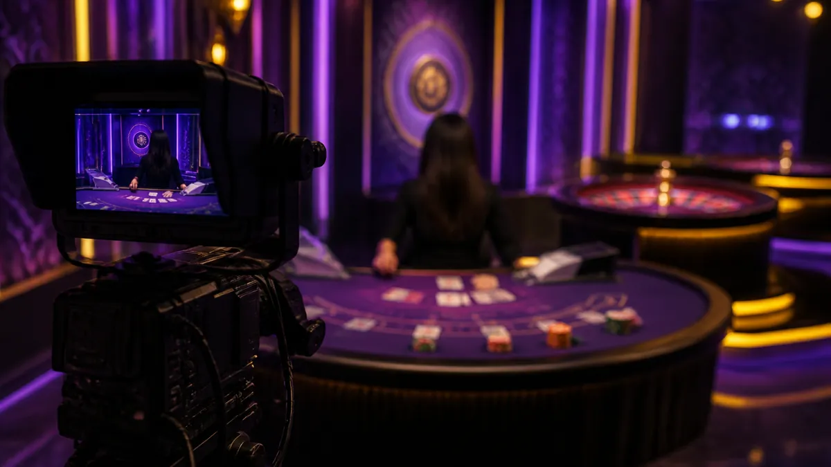 Studio de casino en direct vu derrière une caméra, table de blackjack et roulette sous des lumières violettes