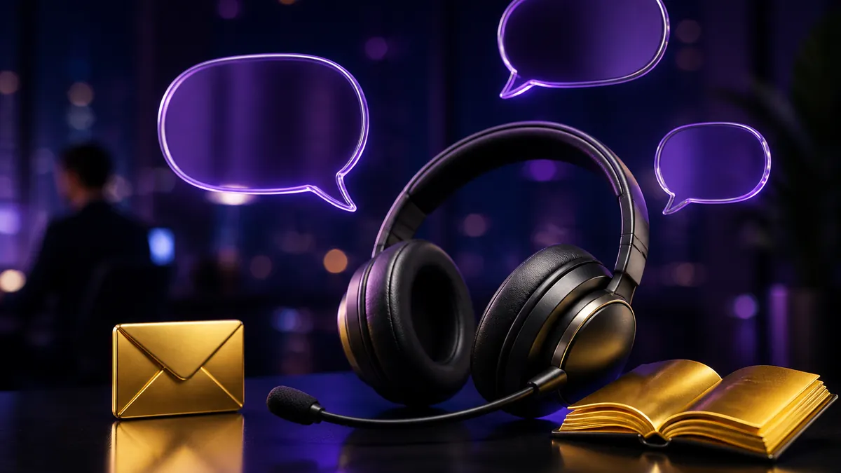 Casque d'assistance entouré de bulles de discussion violettes, enveloppe et livre dorés